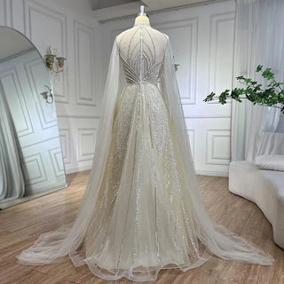 Dubai Yellow Cape Sleeves Elegant A-Line Luxury Beaded Evening Dresses Gowns For Women Wedding Party 2024