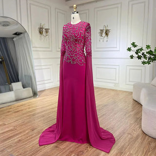 Ships in 1 to 3 Days - Arabic Fuchsia Mermaid Evening Dress with Cape Sleeves and Beaded Gloves Luxury Dubai Gowns for Women's Party 2024