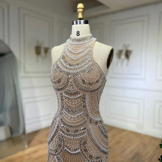 Sophisticated Silver: 2024 Nude Halter Sleeveless Pearls Beaded Mermaid Evening Gown - Elegant Party Dress for Women