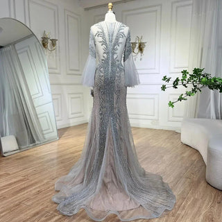 Ships in 1 to 3 Days - Nude Mermaid Prom Dress 2024 with Long Sleeves, Sparkling Sequined Beading - Luxury Elegance