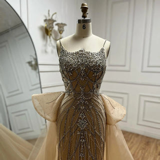 Nude Beaded Spaghetti Strap Evening Gown with Overskirt – Custom 2025 Saudi Design