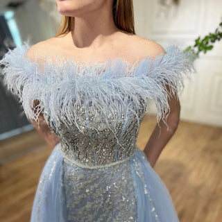 Blue Diamond Feather Mermaid Evening Dress with Overskirt - Wedding Party Gown for Women 2024