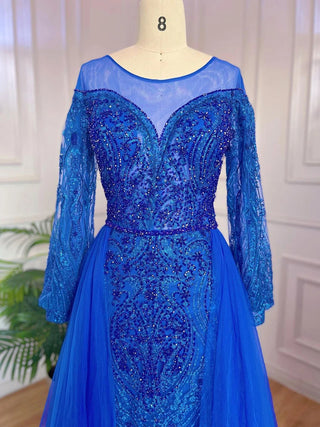 Muslim Blue Elegant Mermaid Luxury Evening Dress - Women's Party Gown 2024 with Beaded Over Skirt