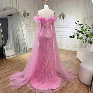 Elegant Cape Sleeves Mermaid Evening Dresses Gowns Luxury Feathers Beaded 2024 For Women Wedding Party