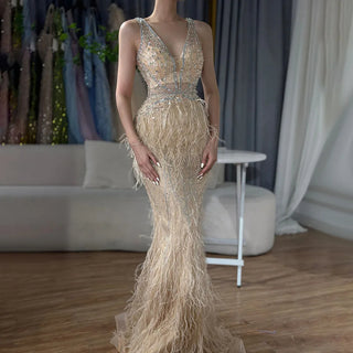 Lilac Luster: Feathers Mermaid Evening Dress with Champagne Beaded Elegance - Perfect for Women at Wedding Parties and Proms.