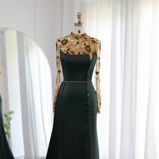 Opulent Olive: Luxury Dubai Mermaid Evening Dress with Long Sleeves for Elegant Weddings