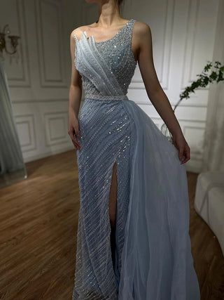 2024 Blue One-Shoulder Split Saudi Evening Gown with Beaded Side Overskirt for Formal Occasions