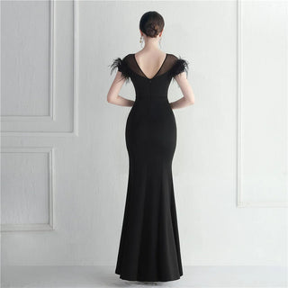 Elegant Feather Crystal Evening Dress with Sexy Slit - Floor-Length Party Maxi Celebrity Dress