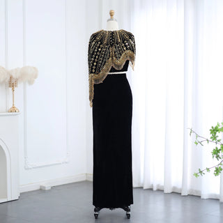 Luxury Arabic Black and Gold Two-Piece Evening Dresses for Women Beaded Midi Formal Prom Party Gowns