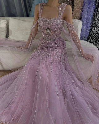 Ships in 1 to 3 Days - 2024 Dream Pink A-Line Evening Dress - Beaded Design Gown with Cape Sleeves for Formal Occasions