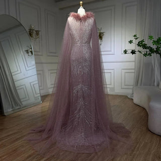 Arabic Pink Mermaid Evening Dress with Elegant Luxury Feathers Beaded Cape Sleeves for Women's Party 2024