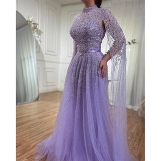 Ships in 1 to 3 Days - 2024 Blue A-Line Evening Gown: High-End Beaded Luxury with Cape Sleeves - Ideal for Plus Size Women's Party Elegance