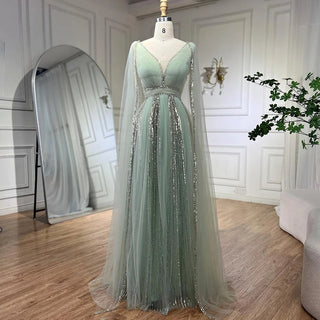 Luxury Dubai Wedding Party Gowns: Elegant Pink Evening Dress with Cape Sleeves for Arabic Women in Sage Green and Yellow