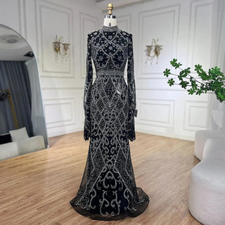 Grey Muslim Mermaid Elegant Cape Sleeve Beaded Luxury Dubai Long Evening Dress - Women's Party 2024