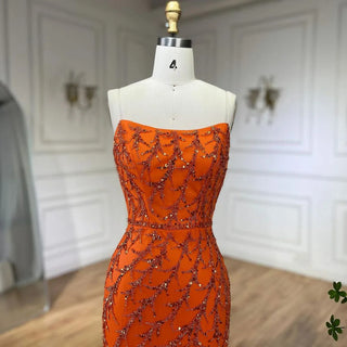 Ships in 1 to 3 Days - Sunkissed Glamour: Orange Spaghetti Strap Mermaid Evening Gown - Luxury Feather and Bead Detail for Women's Wedding Party