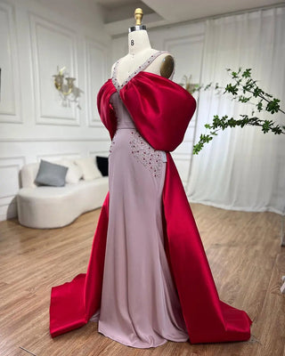 The Perfect Dubai Engagement Dress: Luxury Arabic Pink and Burgundy Mermaid Evening Dress with Cape (2024)