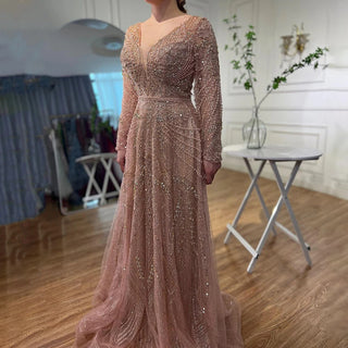 Gold A-Line Luxury Sexy Evening Dress 2024 - Pearls Crystal Long Sleeves Formal Gown