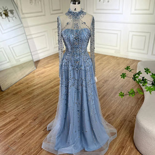 Ships in 1 to 3 Days - Opulent Arabic-Inspired A-Line Blue Lace Beaded Evening Gown For Women's Party