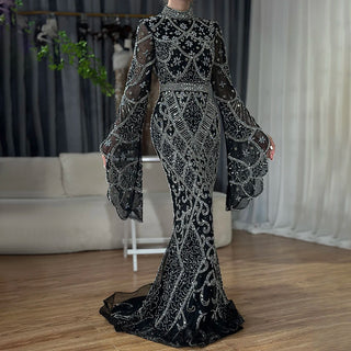 Grey Muslim Mermaid Elegant Cape Sleeve Beaded Luxury Dubai Long Evening Dress - Women's Party 2024