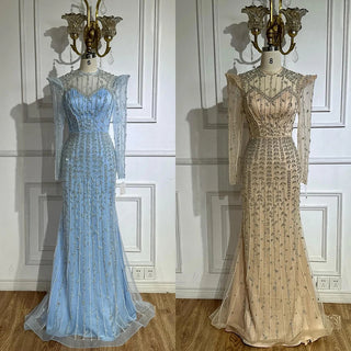 Ships in 2 to 5 Days - Luxury Nude Mermaid Evening Gown with Pearls and Beaded Embellishments – Custom Arabic Design