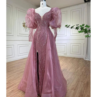 Dubai Pink Mermaid High Split Over Skirt Beaded Evening Gown - Perfect for Women's Wedding Party 2024