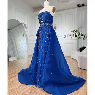 2024 Blue Strapless Mermaid Evening Gown with Overskirt: Beaded Elegance for Formal Occasions - Women's Party Attire