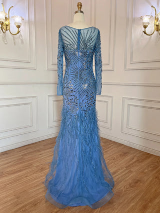 Arabic Blue Mermaid Elegant Feather Beaded Evening Dress: Sophisticated Gown for Women's Party 2024