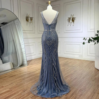 2024 Blue Mermaid Elegant Spaghetti Straps Beaded Luxury Evening Dress - Gown for Women's Wedding Party