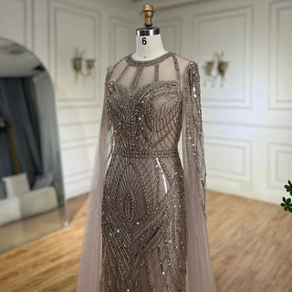 Ships in 1 to 3 Days - 2024 Arabic Caramel Mermaid Evening Dress with Beaded Elegant Cape Sleeves Gown for Women's Wedding Party