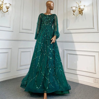 Muslim Green A-Line Luxury Evening Dress 2024: O-Neck, Puff Sleeves, Beaded, for Woman Party