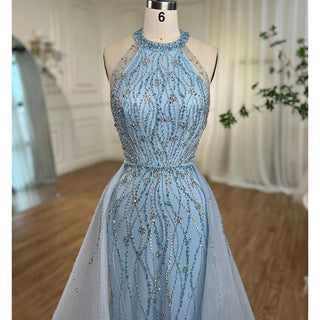 Chic Blue Halter Sleeveless Mermaid Elegant Overskirt Beaded Evening Gown - 2024 Formal Party Dress for Women