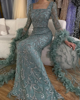 Ships in 1 to 3 Days - 2024 Luxury Peach Mermaid Evening Dress - Flared Sleeves Beaded Feather Gown for Women’s Parties