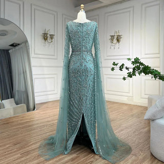 Ships in 1 to 3 Days - Turquoise Beaded Cape Sleeves Mermaid Long Evening Dress: Gowns for Women's Wedding Party