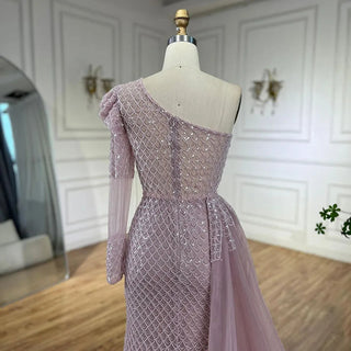 Arabic Pink Mermaid Elegant One Shoulder Beaded Luxury Evening Dresses Gowns For Women Wedding Party 2024