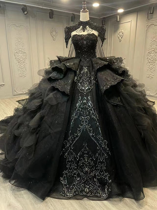 Elegant Black Gothic Ball Gown - Exquisite Off-Shoulder Beaded Evening Dress with Ruffled Layers and Cape