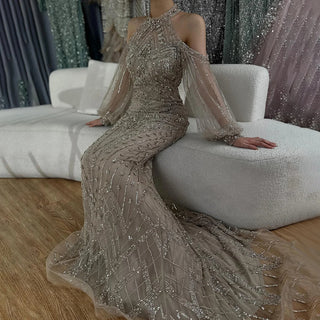 Ships in 1 to 3 Days - 2024 Elegant Sage Green Halter Neck Beaded Luxury Mermaid Evening Dress for Formal Occasions - Saudi