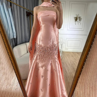 Ships in 1 to 3 Days - Luxury 3D Leaves Pink Satin Mermaid Evening Dress with Cape - Dubai Arabic Women Wedding Prom Party Gown