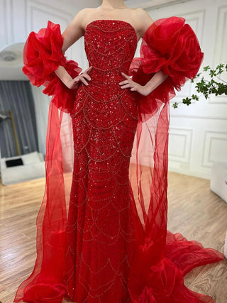 Ships in 1 to 3 Days - Red Long Cape Mermaid Evening Dress with Puff Sleeves, Beaded Overskirt, and Elegant Design for Women's Party