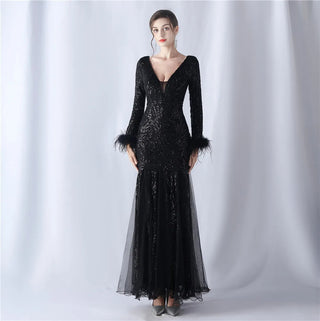 Sexy Gold Sequin Feather Long Sleeve Prom Dress - Evening Party Maxi Dress for Women