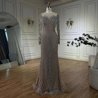 Luxury Crystal Pearls Dubai Nude Evening Dress - Long Sleeves Formal Prom Party Gown for Women's Wedding