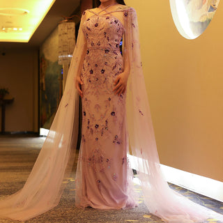 Luxury Dubai Lilac Arabic Evening Dress with Cape Sleeves and Criss-Cross Detail - Elegant Wedding Party Gown