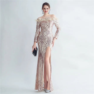 Off-Shoulder Feather Sequin Full Sleeve Evening Dress - Long Party Maxi Dress