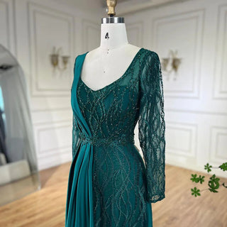 Arabic Green Mermaid Elegant Satin Lace Beaded Luxury Dubai Evening Dresses Gowns For Women Wedding Party