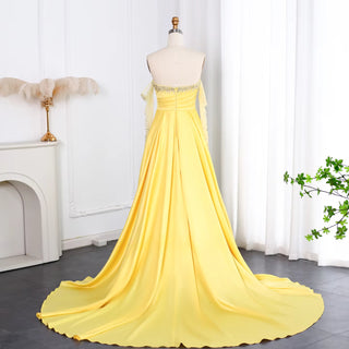 Elegant Sweetheart Yellow Satin Evening Dress - Beaded Pearls Gown with Gloves for Arabic Women’s Wedding Parties