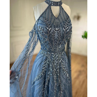 Luxury Dubai Blue Evening Dresses with Cape Sleeves: Elegant Silver Gray and Gold for Women's Wedding Party Gown