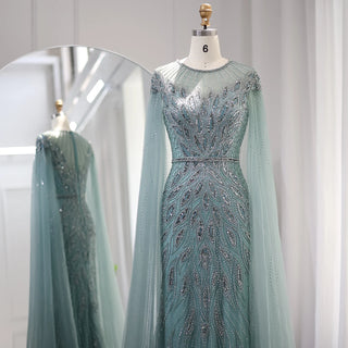 Opulent Dubai Blue Mermaid Evening Dress with Cape Sleeves: Ideal for Arabic Women's Wedding Party Gowns in Sage Green and Gold