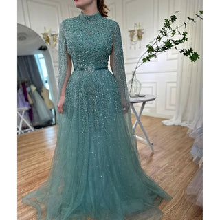 Turquoise Elegance: 2023 A-Line Cape Sleeves Muslim Luxury Beaded Evening Dress - Party Gown for Women