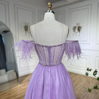 Ships in 1 to 3 Days - Dubai Arabic Elegant Lilac Feathers Beaded A-Line Evening Gown 2024 Luxury Dress for Women Long Party Dress