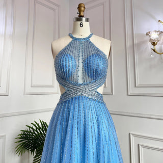 Blue Sexy A-Line 2024 Beaded Halter Prom Dress: Celebrity Graduation School Party Gown