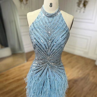 Dubai Halter Beige Feathers Beaded Formal Luxury Mermaid Evening Dress for Women Wedding Party 2024